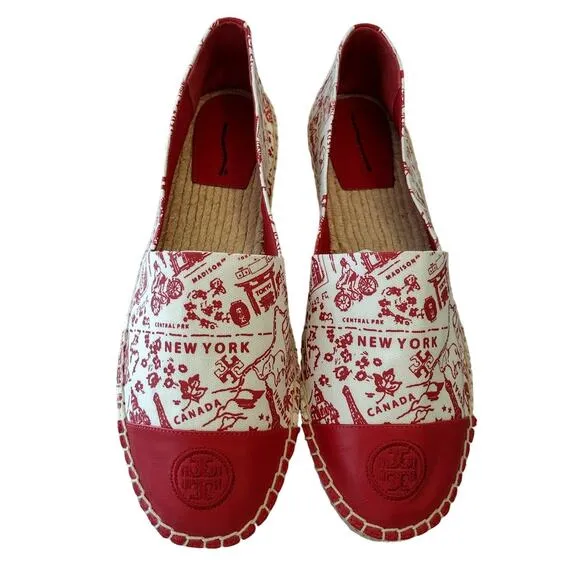 Tory Burch NWOT Red Destination Embroidered Logo Espadrille Slip-On Flats Shoes