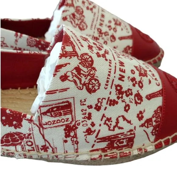 Tory Burch NWOT Red Destination Embroidered Logo Espadrille Slip-On Flats Shoes