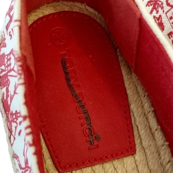 Tory Burch NWOT Red Destination Embroidered Logo Espadrille Slip-On Flats Shoes