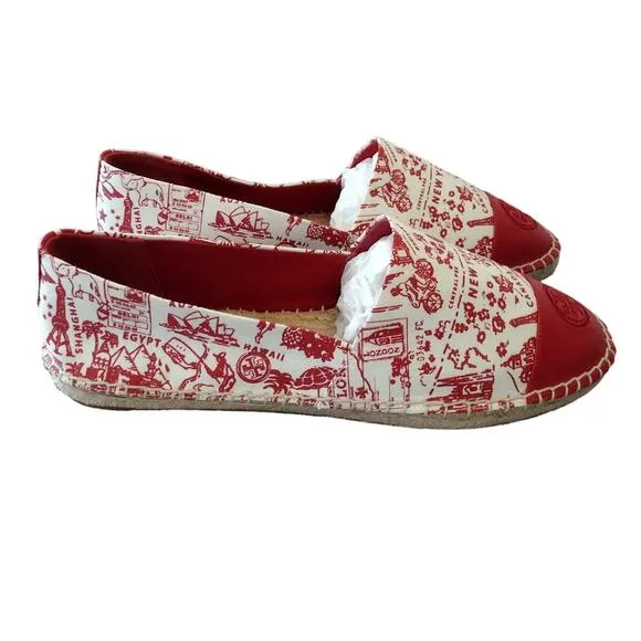 Tory Burch NWOT Red Destination Embroidered Logo Espadrille Slip-On Flats Shoes