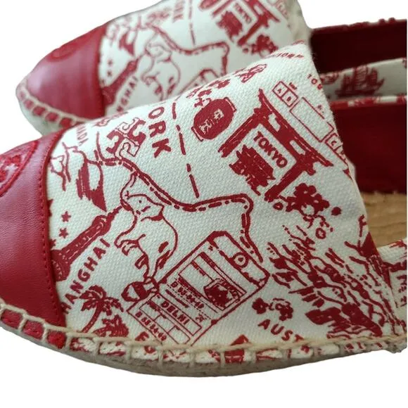 Tory Burch NWOT Red Destination Embroidered Logo Espadrille Slip-On Flats Shoes