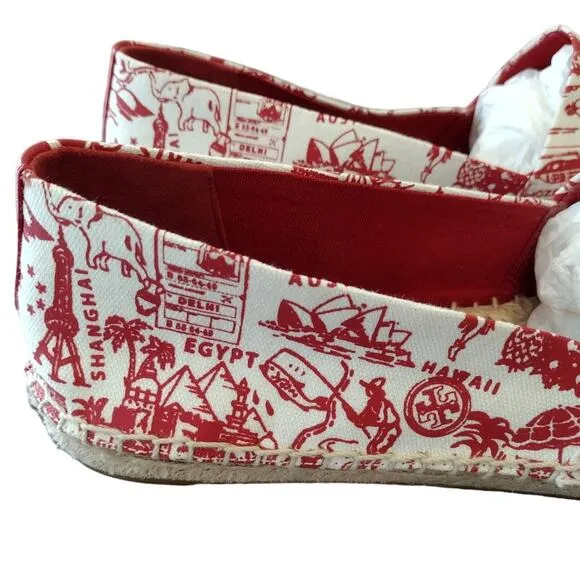 Tory Burch NWOT Red Destination Embroidered Logo Espadrille Slip-On Flats Shoes