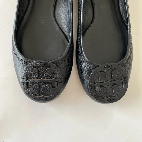 Tory Burch Pebbled Leather Travel Ballet Logo Flats Black Size 8.5