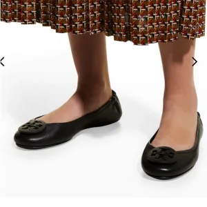 Tory Burch Pebbled Leather Travel Ballet Logo Flats Black Size 8.5