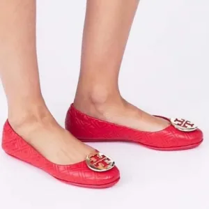Tory Burch Quilted Minnie Nappa Leather Travel Ballet Flats, Bright Samb…