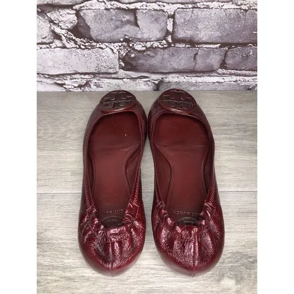 Tory Burch Reva Logo Dark Red Patent Leather Ballet Flats Women Sz 8.5M US/39EU