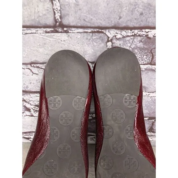 Tory Burch Reva Logo Dark Red Patent Leather Ballet Flats Women Sz 8.5M US/39EU