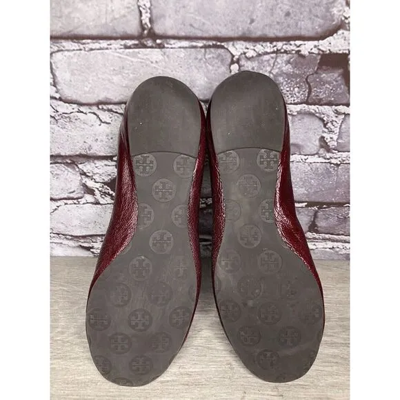 Tory Burch Reva Logo Dark Red Patent Leather Ballet Flats Women Sz 8.5M US/39EU
