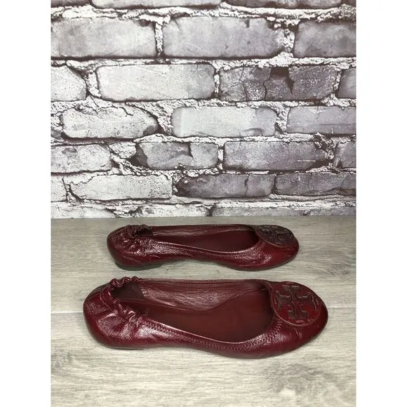 Tory Burch Reva Logo Dark Red Patent Leather Ballet Flats Women Sz 8.5M US/39EU