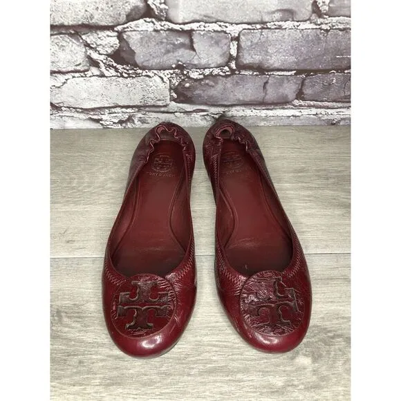 Tory Burch Reva Logo Dark Red Patent Leather Ballet Flats Women Sz 8.5M US/39EU
