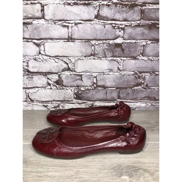 Tory Burch Reva Logo Dark Red Patent Leather Ballet Flats Women Sz 8.5M US/39EU
