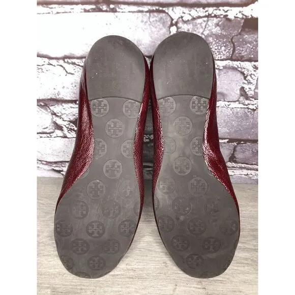 Tory Burch Reva Logo Dark Red Patent Leather Ballet Flats Women Sz 8.5M US/39EU