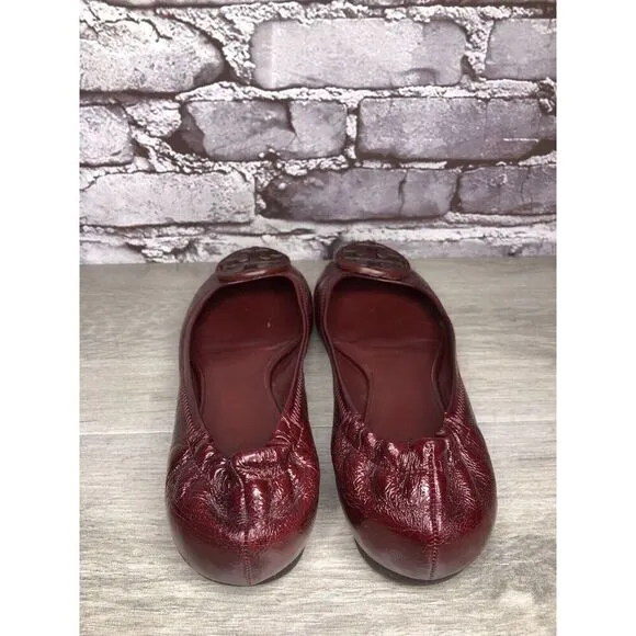 Tory Burch Reva Logo Dark Red Patent Leather Ballet Flats Women Sz 8.5M US/39EU