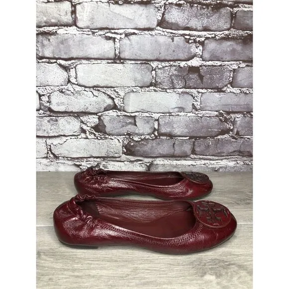 Tory Burch Reva Logo Dark Red Patent Leather Ballet Flats Women Sz 8.5M US/39EU