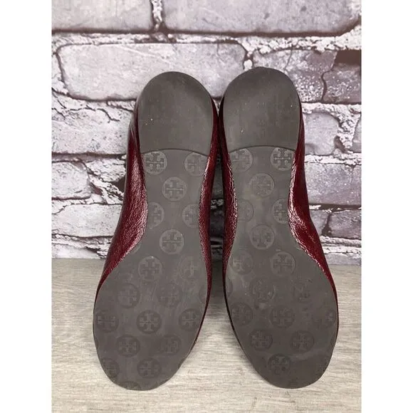 Tory Burch Reva Logo Dark Red Patent Leather Ballet Flats Women Sz 8.5M US/39EU