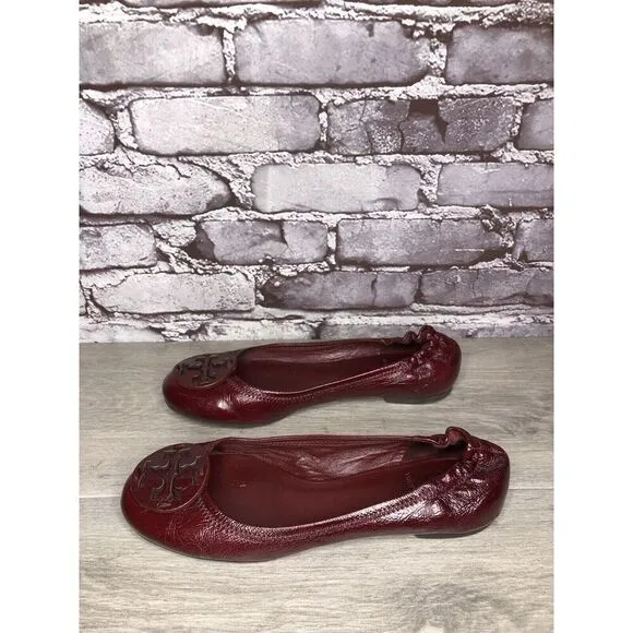 Tory Burch Reva Logo Dark Red Patent Leather Ballet Flats Women Sz 8.5M US/39EU