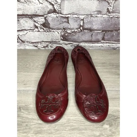 Tory Burch Reva Logo Dark Red Patent Leather Ballet Flats Women Sz 8.5M US/39EU