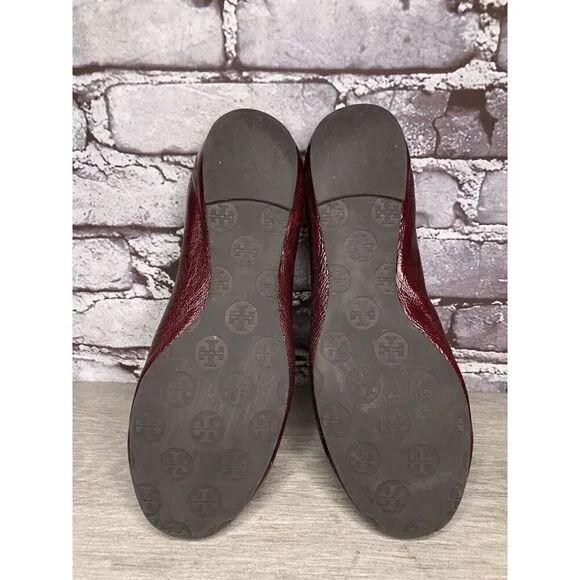 Tory Burch Reva Logo Dark Red Patent Leather Ballet Flats Women Sz 8.5M US/39EU
