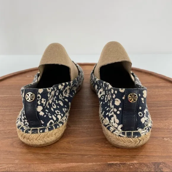 Tory Burch Risa Navy Blue Floral Print Espadrilles Shoes size 8