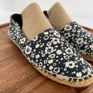 Tory Burch Risa Navy Blue Floral Print Espadrilles Shoes size 8