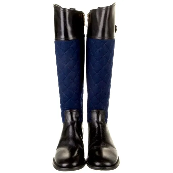 TORY BURCH “ROSALIE”🖤BLACK &amp; BLUE💙LEATHER QUILTED RIDING BOOTS SIZE 9🌟EUC🌟