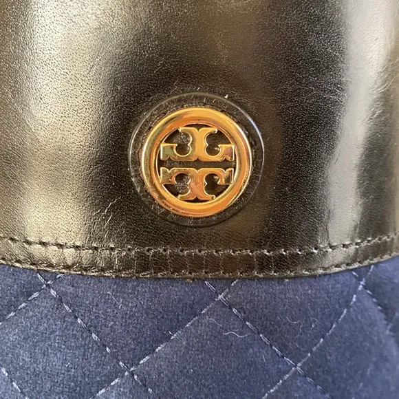 TORY BURCH “ROSALIE”🖤BLACK &amp; BLUE💙LEATHER QUILTED RIDING BOOTS SIZE 9🌟EUC🌟