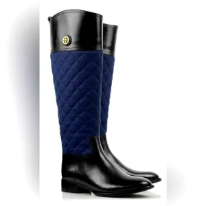 TORY BURCH “ROSALIE”🖤BLACK &amp; BLUE💙LEATHER QUILTED RIDING BOOTS SIZE 9🌟EUC🌟