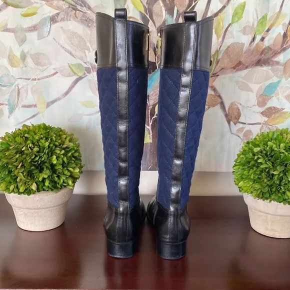 TORY BURCH “ROSALIE”🖤BLACK &amp; BLUE💙LEATHER QUILTED RIDING BOOTS SIZE 9🌟EUC🌟
