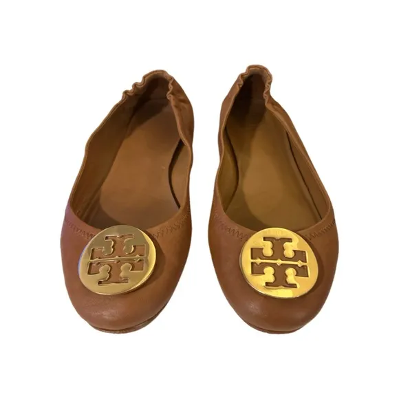 Tory Burch Royal Tan Nappa Leather Reva Travel Ballet Flats