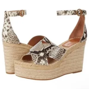 Tory Burch Selby Snake Printed Leather WedgePlatform Espadrille Sandals 8.5