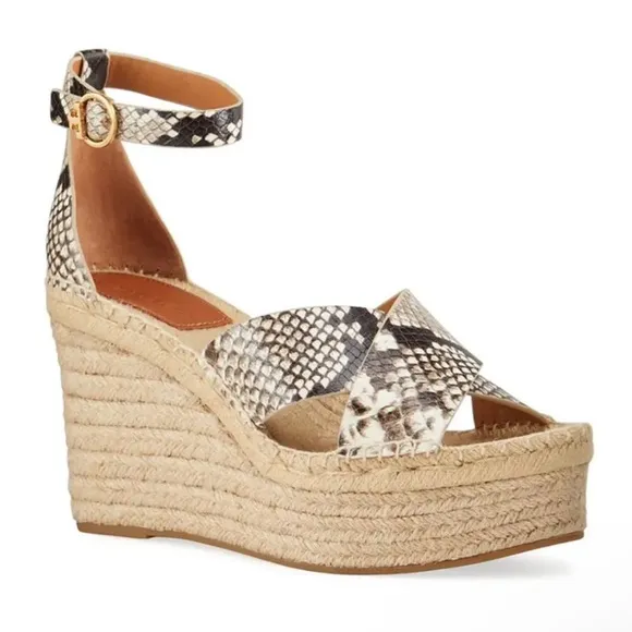 Tory Burch Selby Snake Printed Leather WedgePlatform Espadrille Sandals 8.5