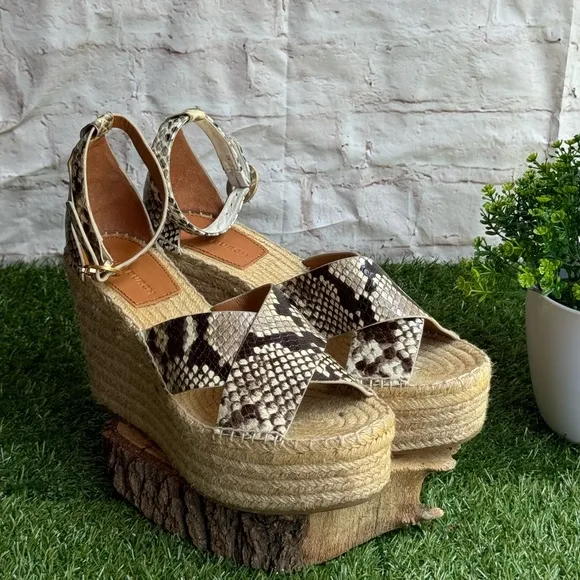 Tory Burch Selby Snake Printed Leather WedgePlatform Espadrille Sandals 8.5