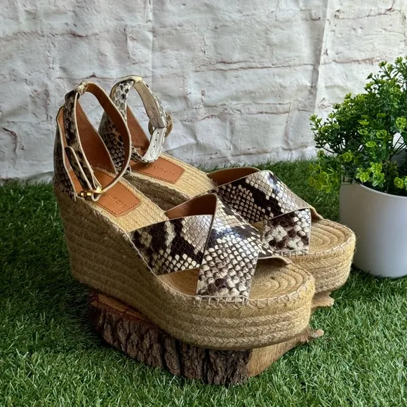 Tory Burch Selby Snake Printed Leather WedgePlatform Espadrille Sandals 8.5