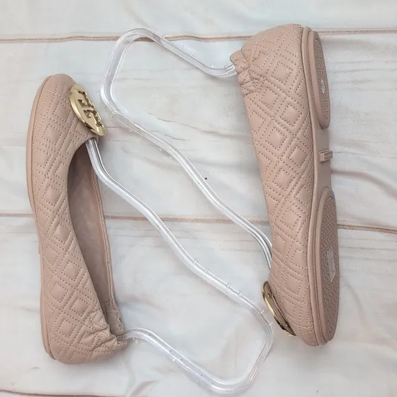 Tory Burch Travel Ballerina Flats Quilted Beautiful Goan Sand Gold  size 7.5