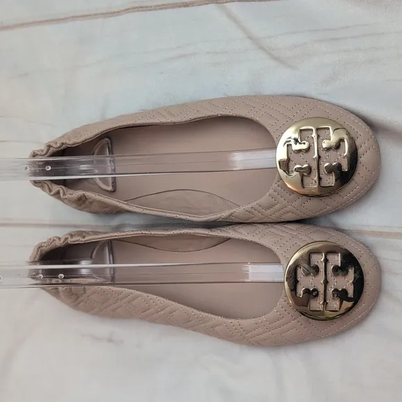 Tory Burch Travel Ballerina Flats Quilted Beautiful Goan Sand Gold  size 7.5