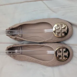 Tory Burch Travel Ballerina Flats Quilted Beautiful Goan Sand Gold  size 7.5