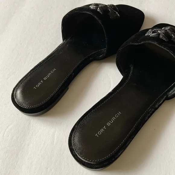 TORY BURCH WOMENS ELEANOR PAVE LOGO VELVET SLIDE SANDALS BLACK SIZE 8 EUC