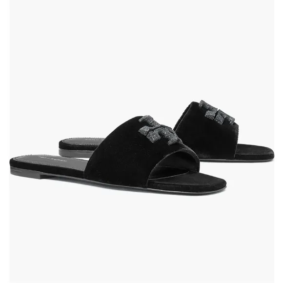 TORY BURCH WOMENS ELEANOR PAVE LOGO VELVET SLIDE SANDALS BLACK SIZE 8 EUC