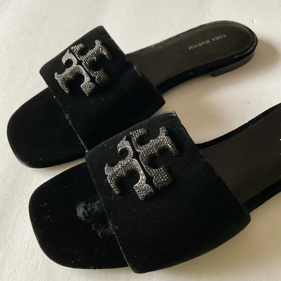 TORY BURCH WOMENS ELEANOR PAVE LOGO VELVET SLIDE SANDALS BLACK SIZE 8 EUC