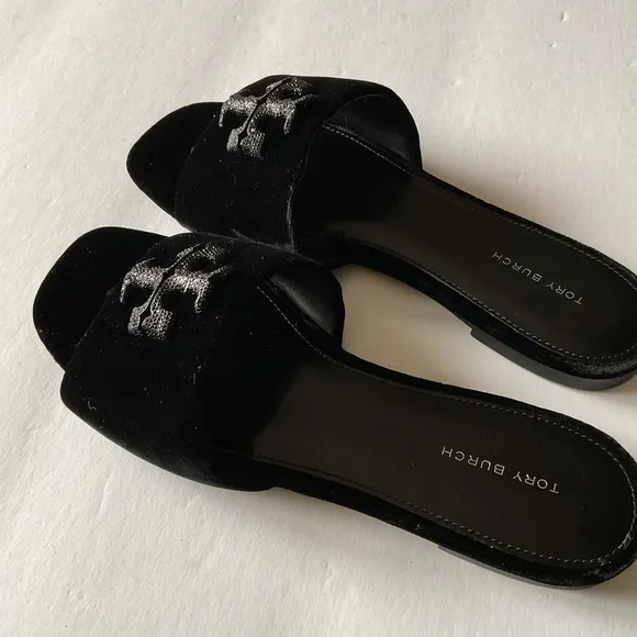 TORY BURCH WOMENS ELEANOR PAVE LOGO VELVET SLIDE SANDALS BLACK SIZE 8 EUC