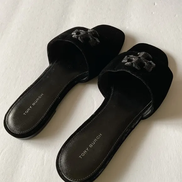 TORY BURCH WOMENS ELEANOR PAVE LOGO VELVET SLIDE SANDALS BLACK SIZE 8 EUC
