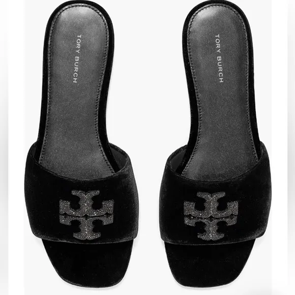 TORY BURCH WOMENS ELEANOR PAVE LOGO VELVET SLIDE SANDALS BLACK SIZE 8 EUC