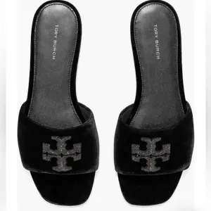 TORY BURCH WOMENS ELEANOR PAVE LOGO VELVET SLIDE SANDALS BLACK SIZE 8 EUC