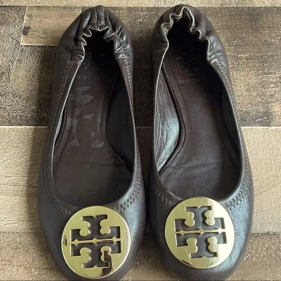 Tory Burch Mini Leather Travel Dark Brown and Gold Ballet Flats Size 5.5M