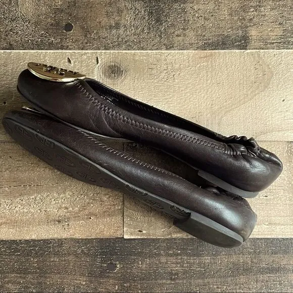 Tory Burch Mini Leather Travel Dark Brown and Gold Ballet Flats Size 5.5M