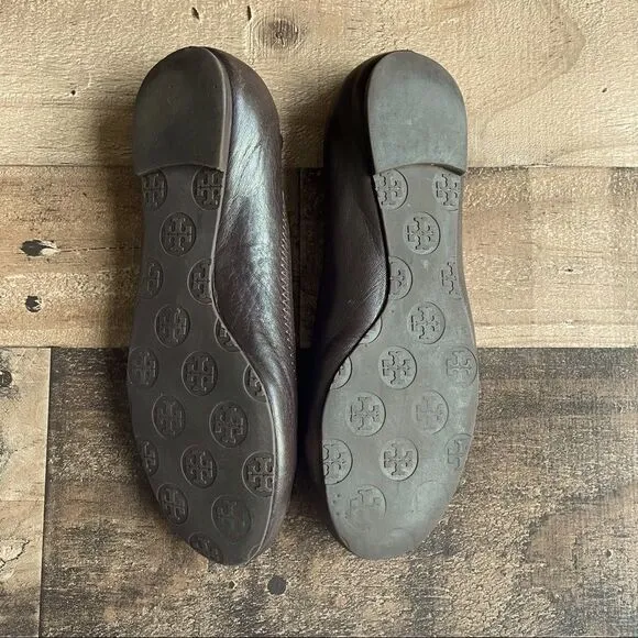 Tory Burch Mini Leather Travel Dark Brown and Gold Ballet Flats Size 5.5M