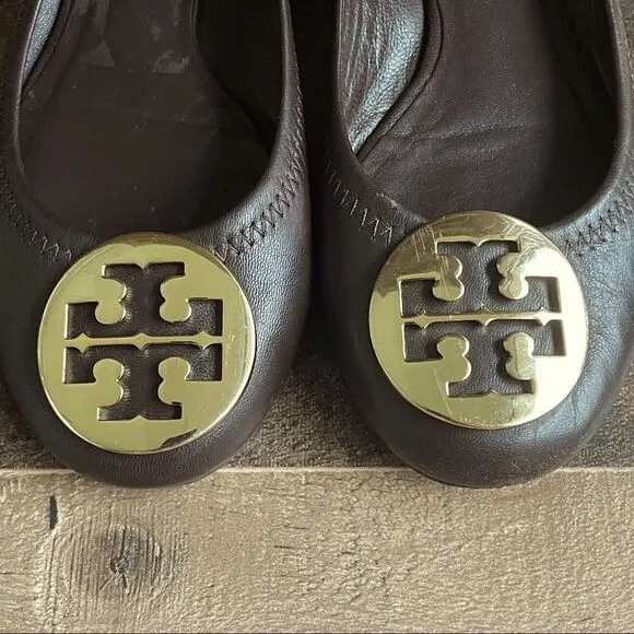 Tory Burch Mini Leather Travel Dark Brown and Gold Ballet Flats Size 5.5M