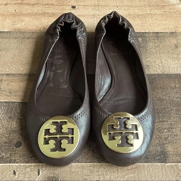 Tory Burch Mini Leather Travel Dark Brown and Gold Ballet Flats Size 5.5M