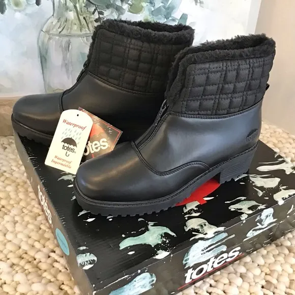 totes Women's Faux Fur/Quilted Waterproof Zip Boots, Size 9 NEW IN BOX