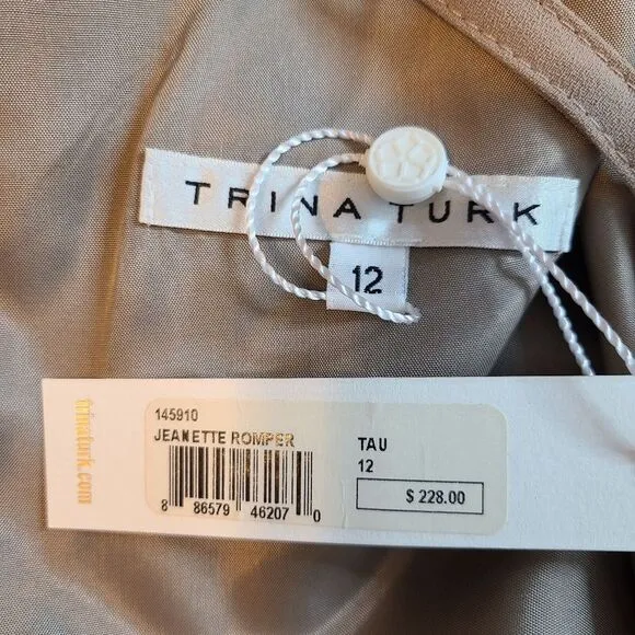 Trina Turk Jeanette Taupe Lined V Neck Romper Womens 12 NWT $228 USA Beach Party